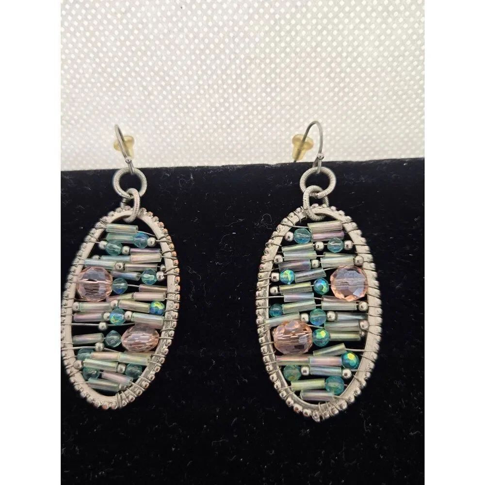 Silver Tone Oval Beaded Iridescent Handmade Dangle Earrings